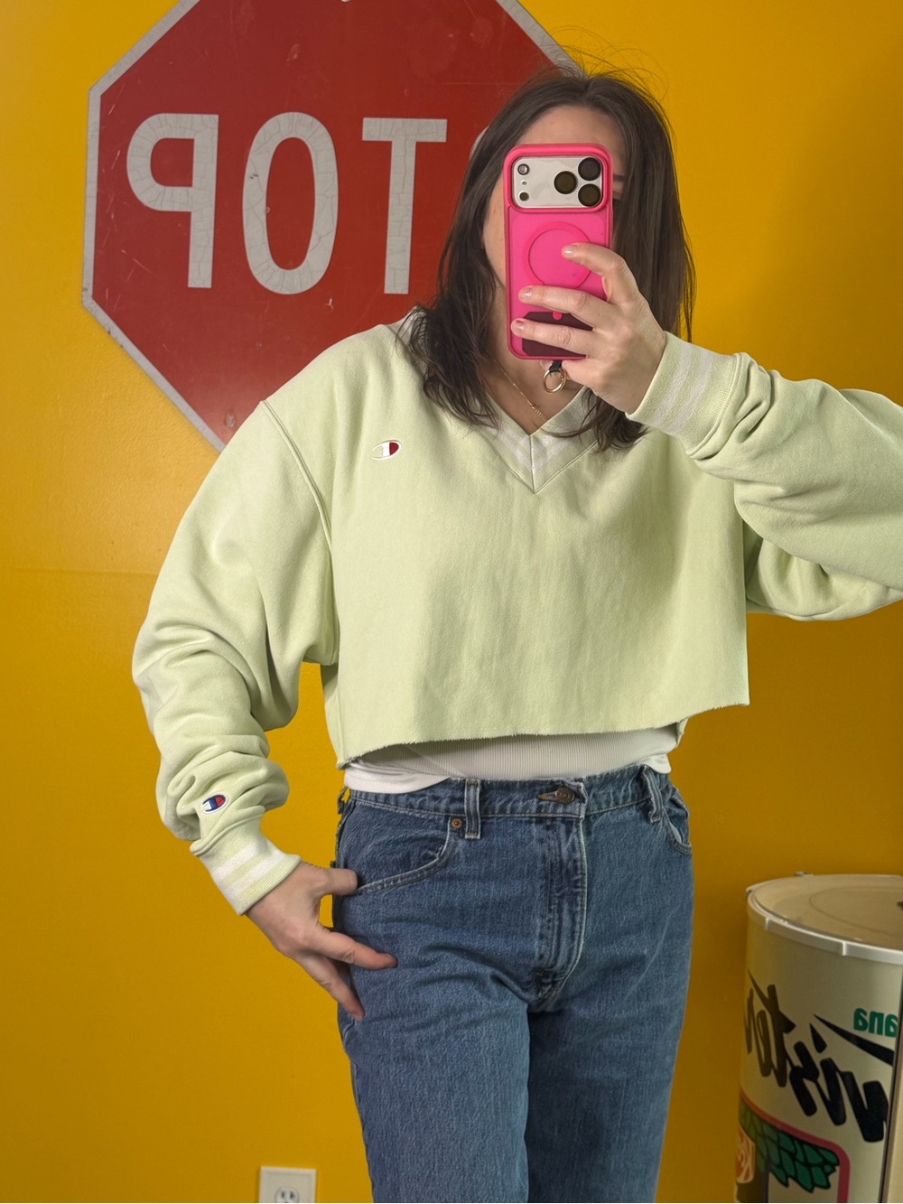 Women's Champion Life Reverse Weave green Stripe Cropped V-Neck Sweatshirt